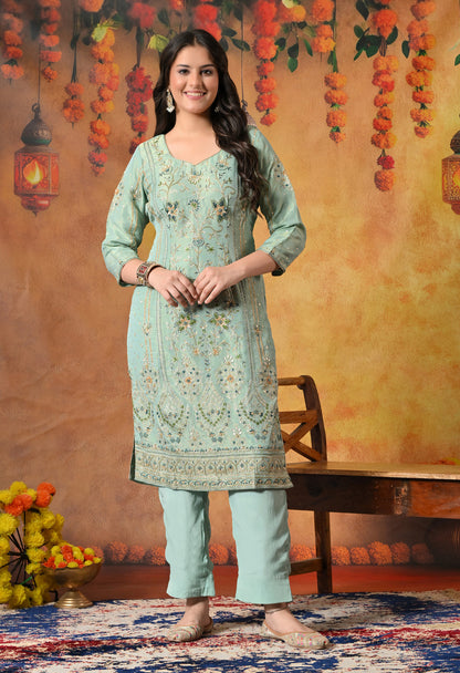 Light Blue-Green Zardozi Sequin Dabka Kurta Ensemble