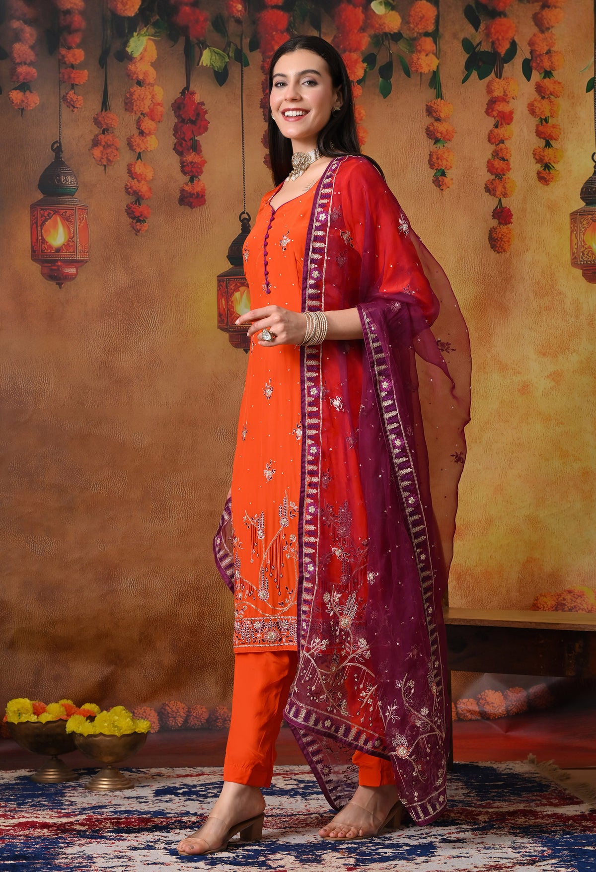 Orange Kurta Set with Zardozi, Sequence and Thread Work