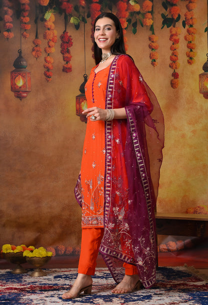 Orange Kurta Set with Zardozi, Sequence and Thread Work