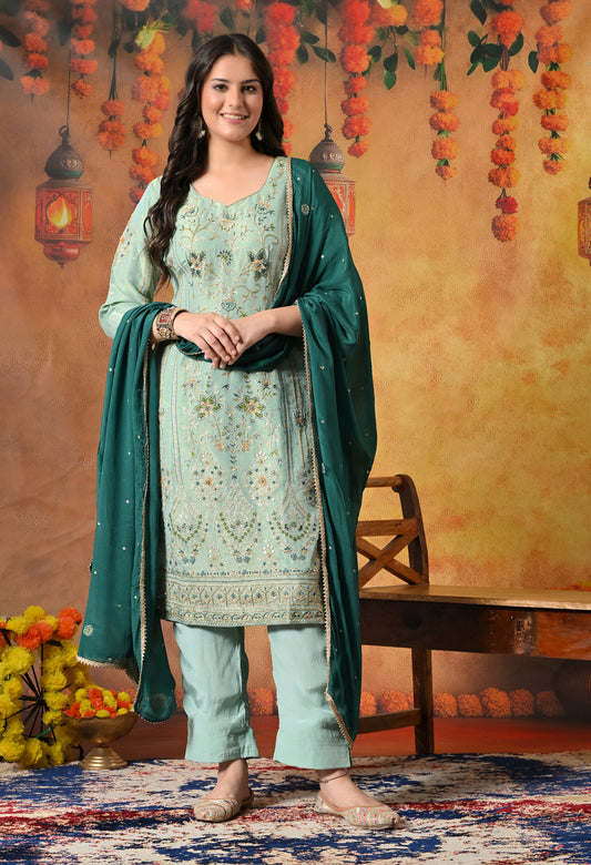 Light Blue-Green Zardozi Sequin Dabka Kurta Ensemble