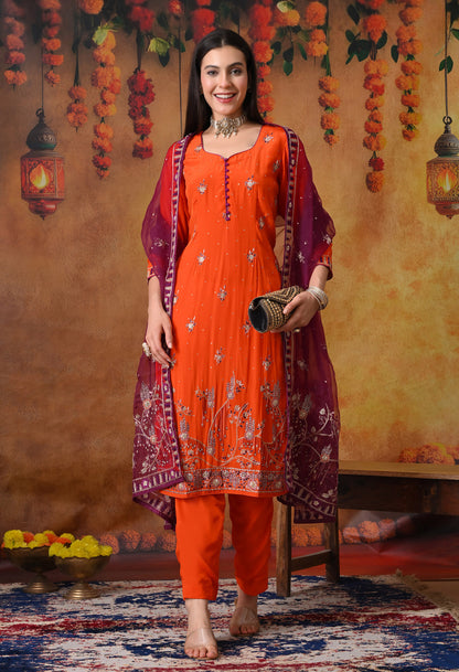 Orange Kurta Set with Zardozi, Sequence and Thread Work
