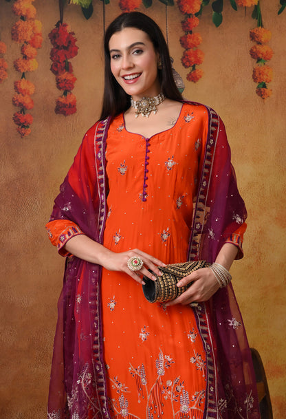 Orange Kurta Set with Zardozi, Sequence and Thread Work