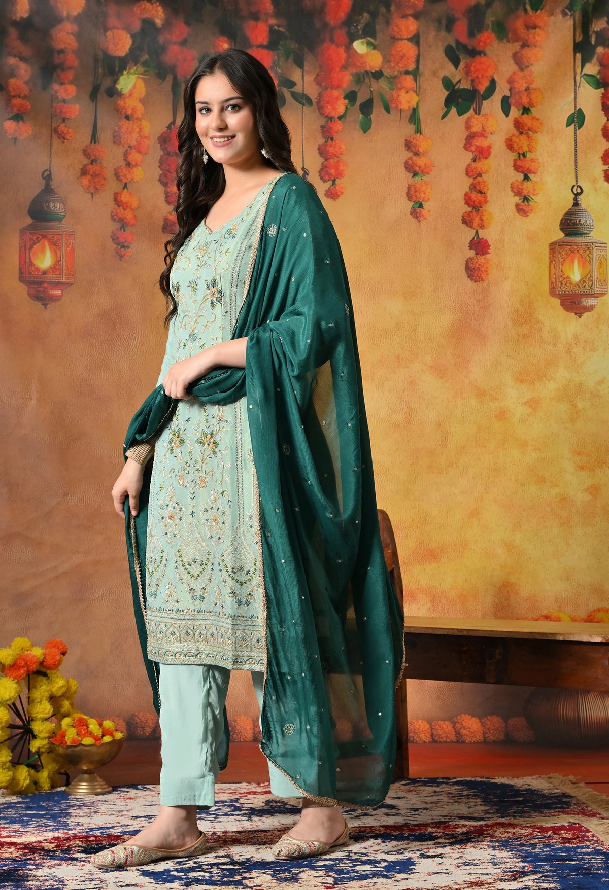 Light Blue-Green Zardozi Sequin Dabka Kurta Ensemble