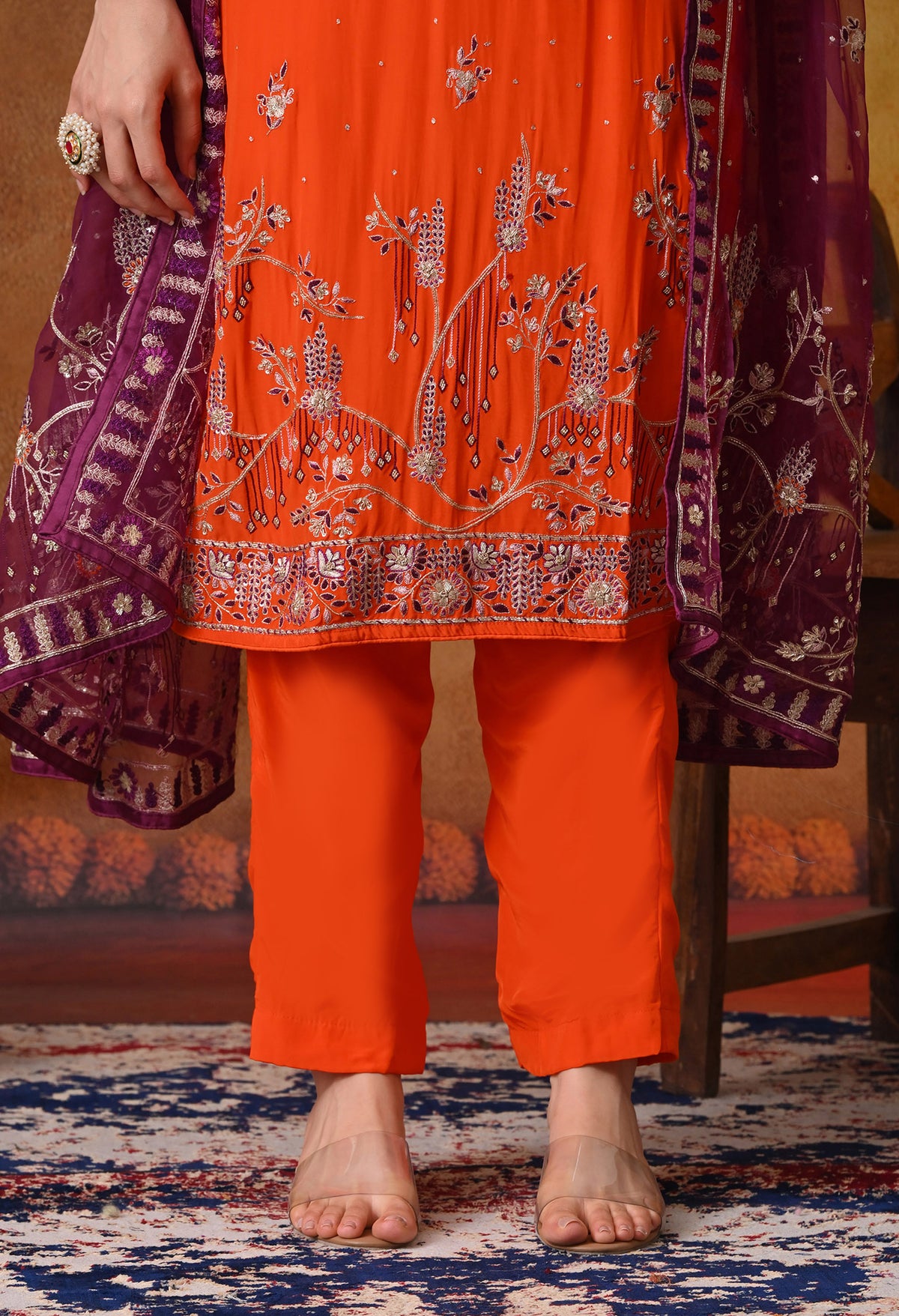 Orange Kurta Set with Zardozi, Sequence and Thread Work