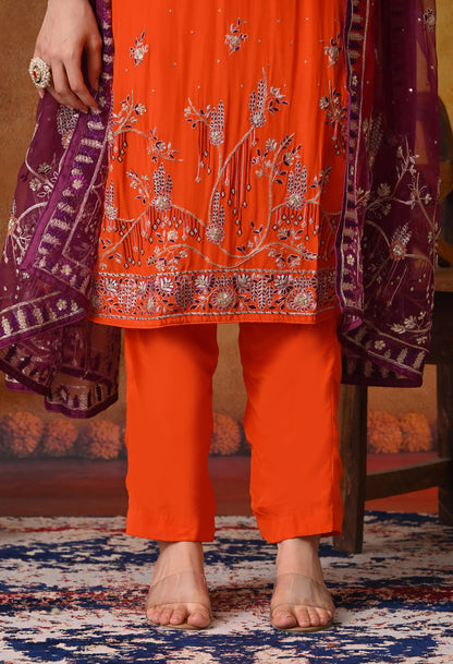 Orange Kurta Set with Zardozi, Sequence and Thread Work