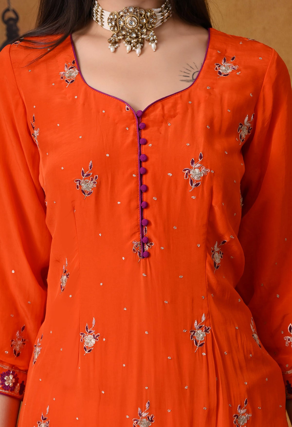 Orange Kurta Set with Zardozi, Sequence and Thread Work