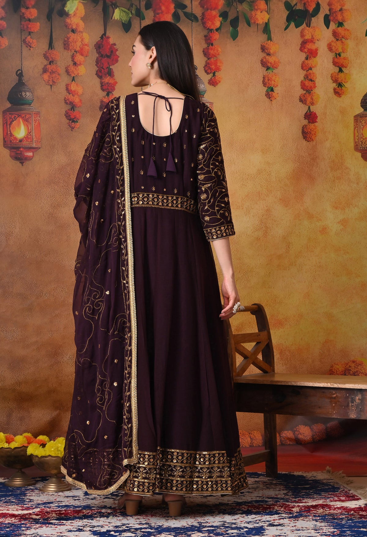 Dark Wine Anarkali  with Zardozi and Sequin Work