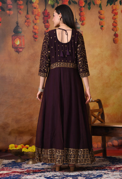 Dark Wine Anarkali  with Zardozi and Sequin Work