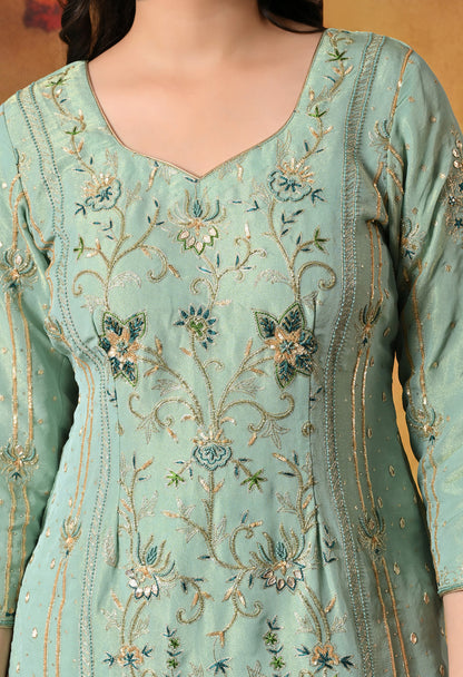 Light Blue-Green Zardozi Sequin Dabka Kurta Ensemble