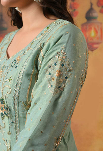 Light Blue-Green Zardozi Sequin Dabka Kurta Ensemble