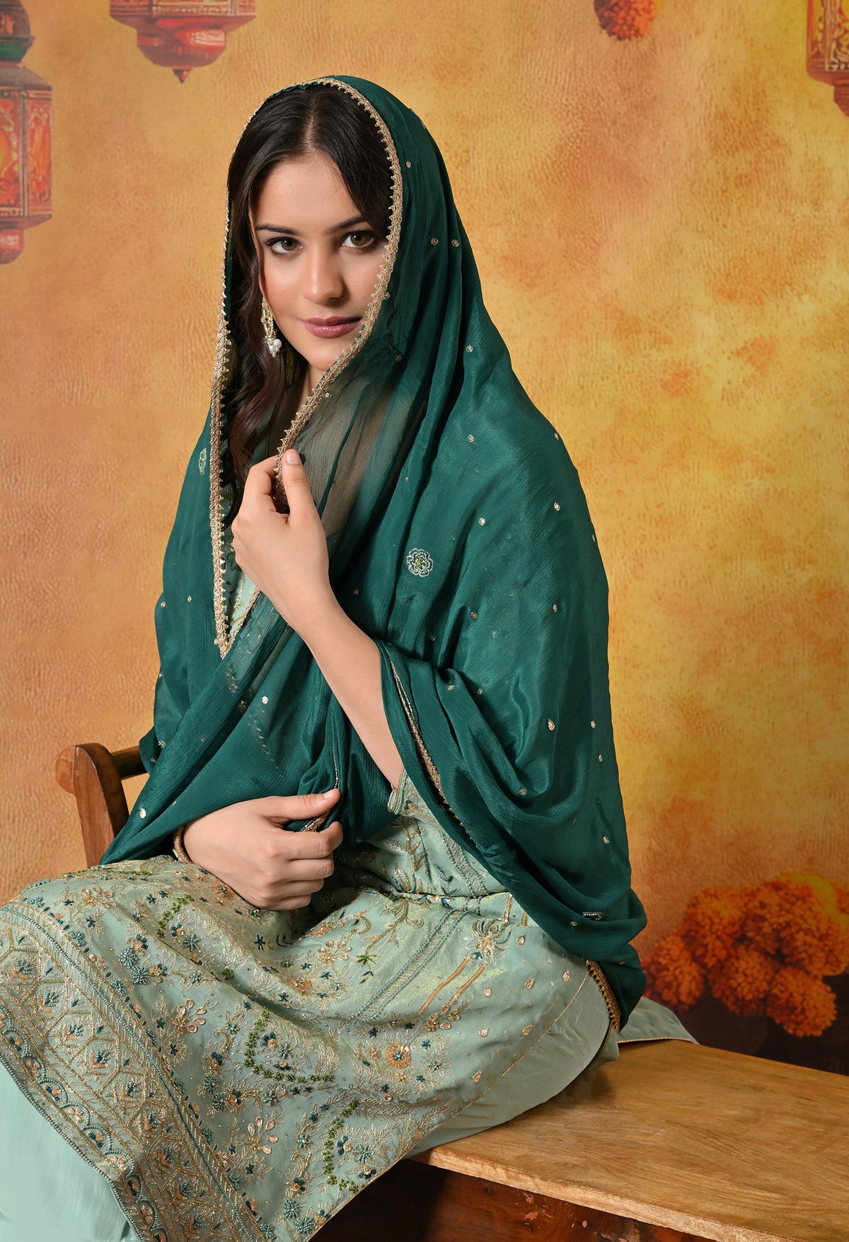 Light Blue-Green Zardozi Sequin Dabka Kurta Ensemble