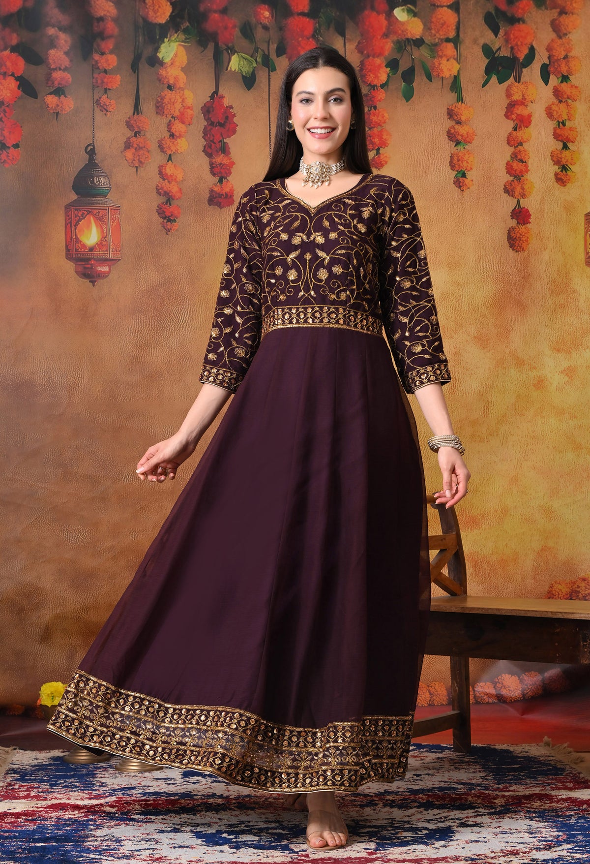 Dark Wine Anarkali  with Zardozi and Sequin Work