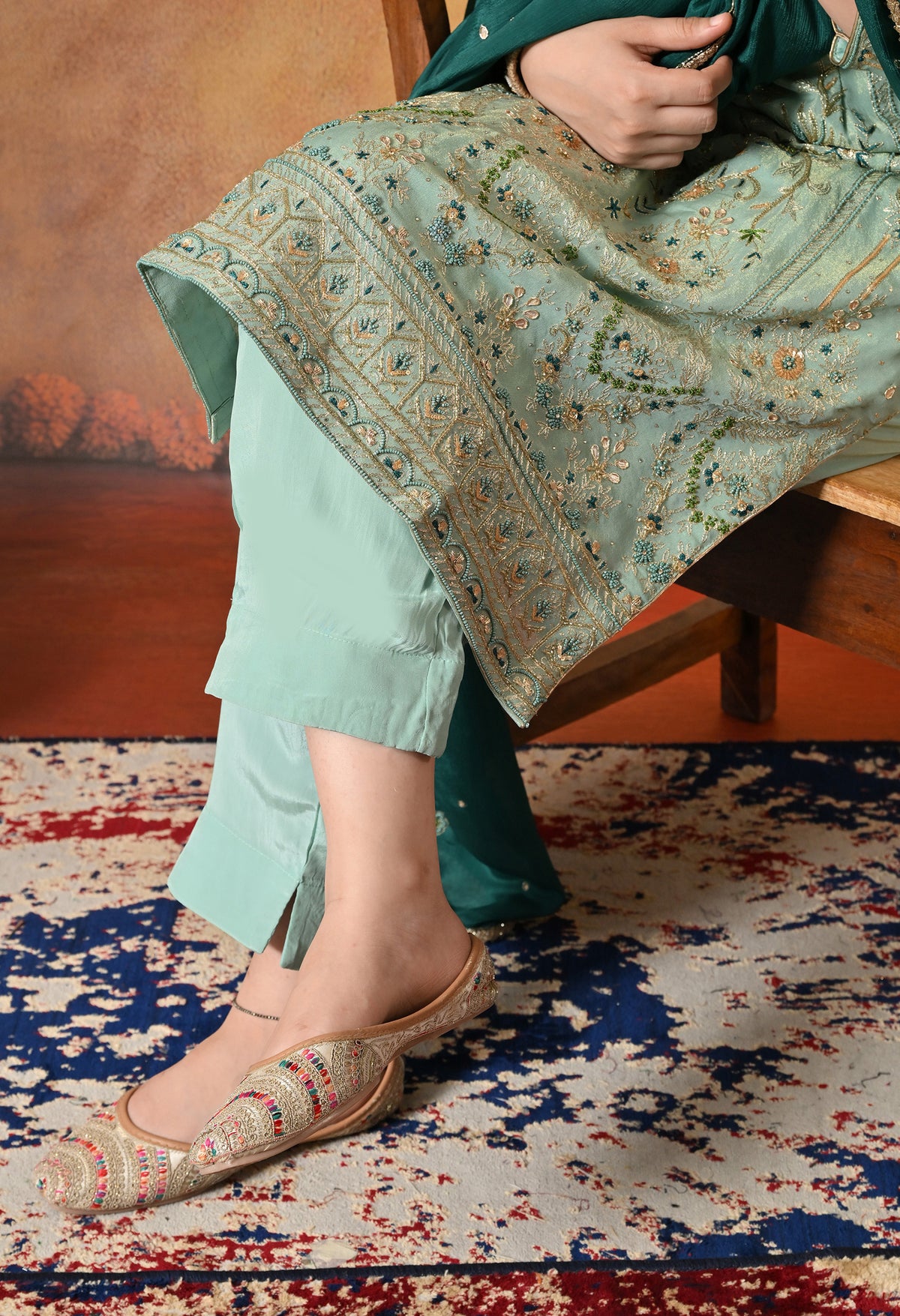 Light Blue-Green Zardozi Sequin Dabka Kurta Ensemble