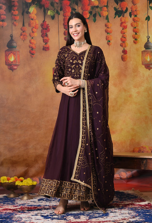 Dark Wine Anarkali  with Zardozi and Sequin Work