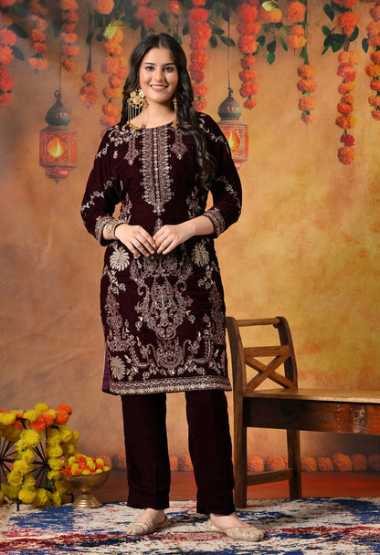 Rich Dark Maroon Kurta Set with Exquisite Zardozi Embroidery