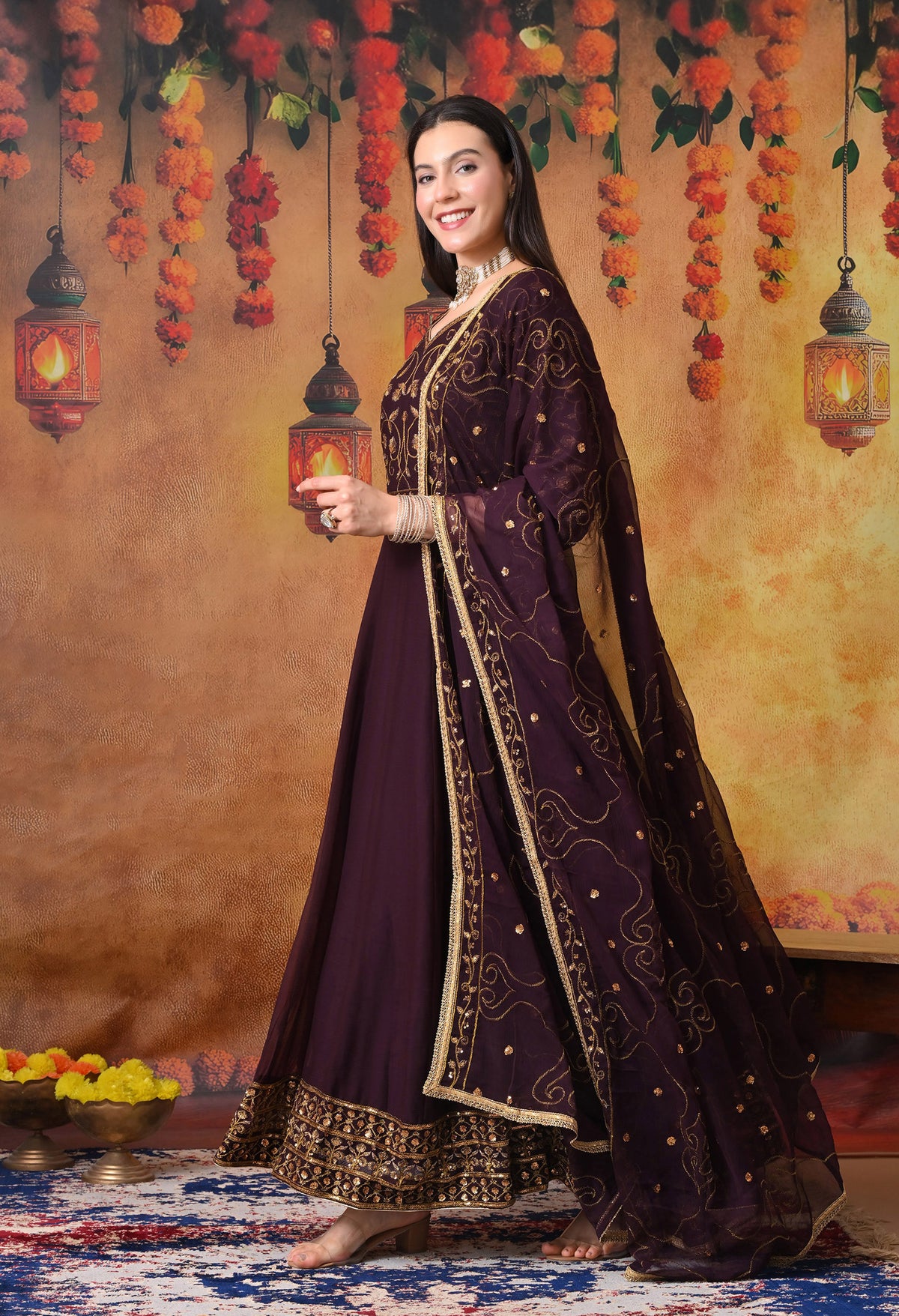 Dark Wine Anarkali  with Zardozi and Sequin Work