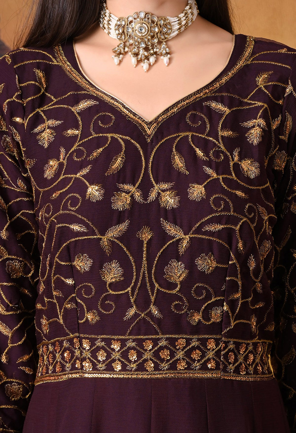 Dark Wine Anarkali  with Zardozi and Sequin Work