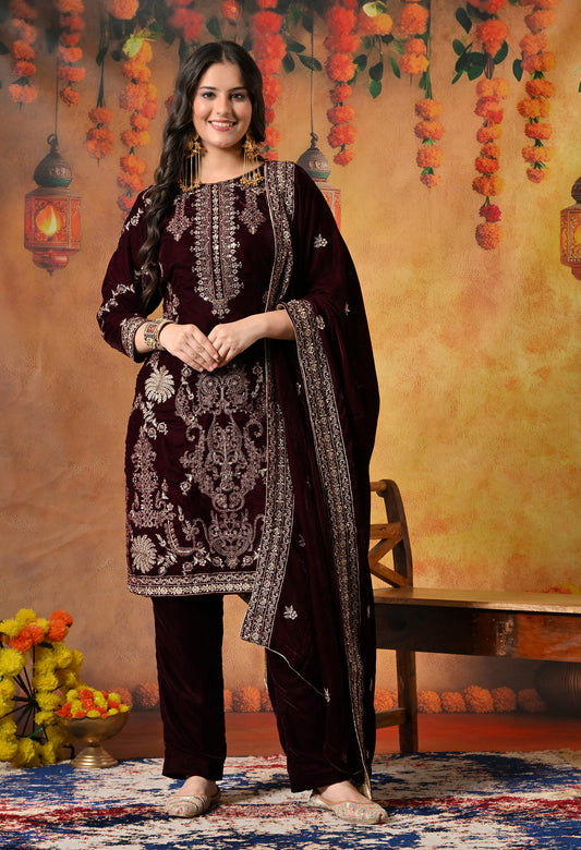 Rich Dark Maroon Kurta Set with Exquisite Zardozi Embroidery