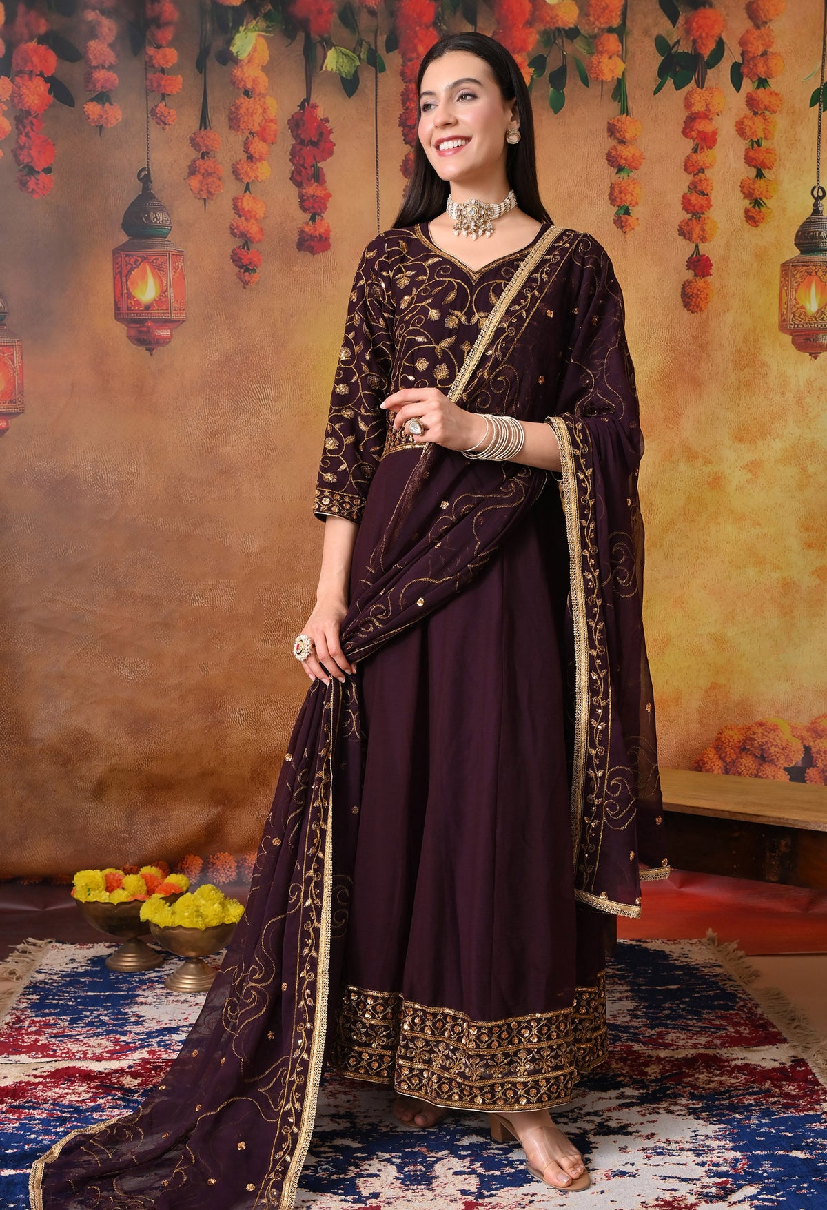 Dark Wine Anarkali  with Zardozi and Sequin Work