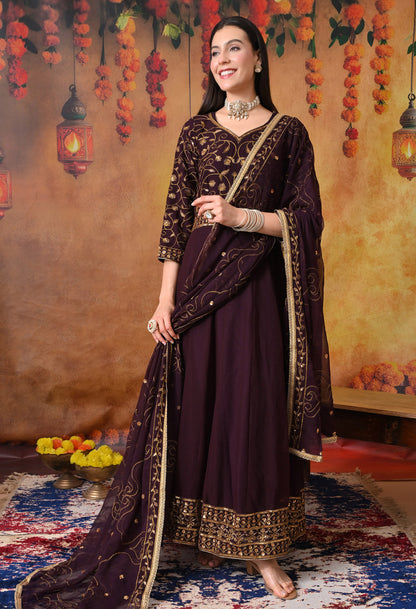 Dark Wine Anarkali  with Zardozi and Sequin Work