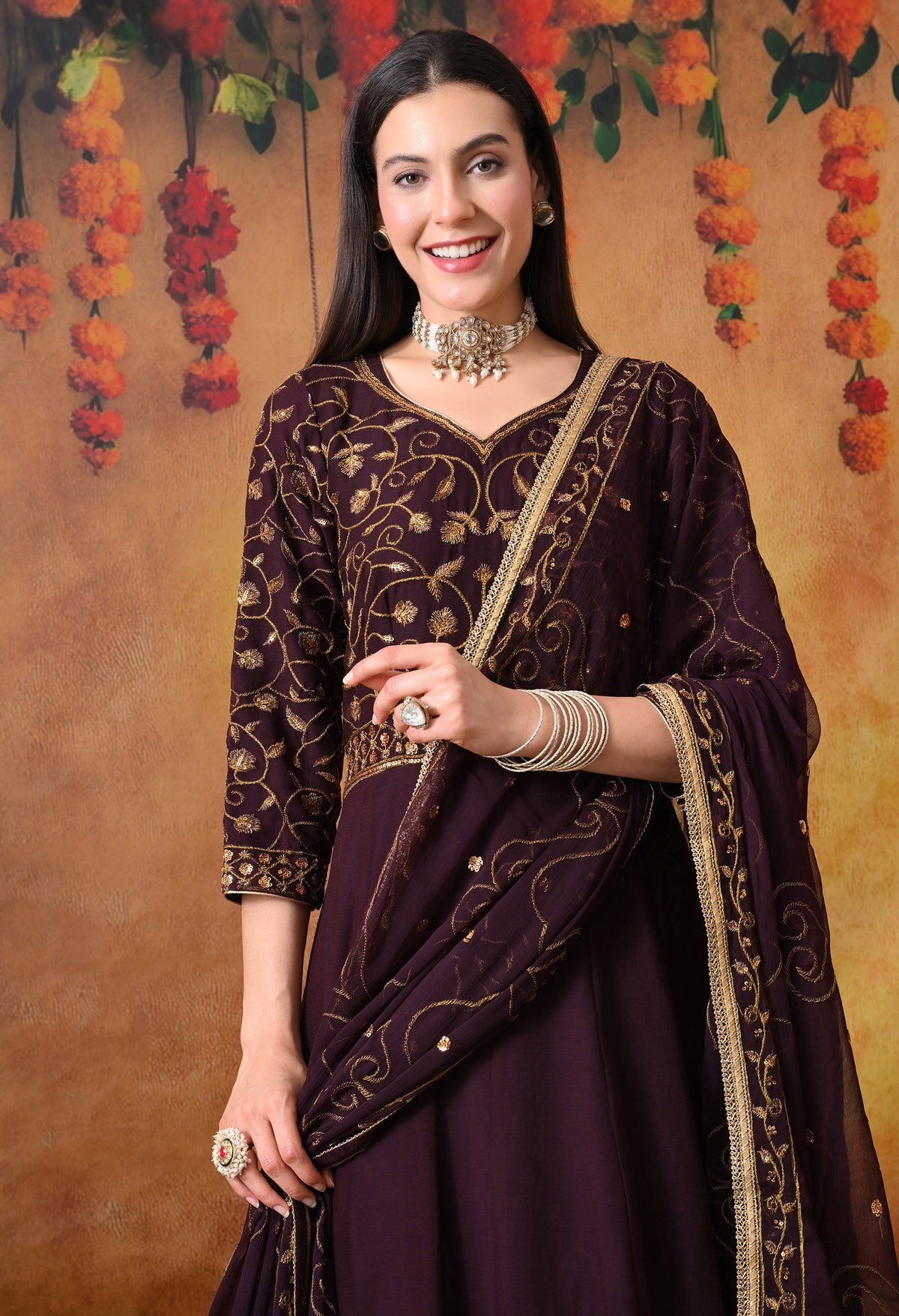 Dark Wine Anarkali  with Zardozi and Sequin Work