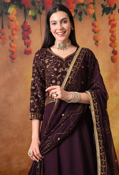 Dark Wine Anarkali  with Zardozi and Sequin Work
