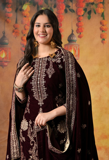 Rich Dark Maroon Kurta Set with Exquisite Zardozi Embroidery
