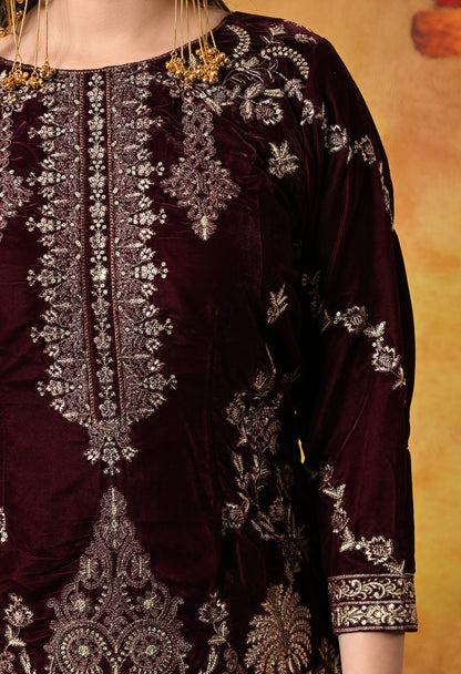 Rich Dark Maroon Kurta Set with Exquisite Zardozi Embroidery
