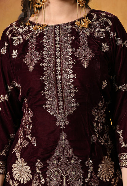 Rich Dark Maroon Kurta Set with Exquisite Zardozi Embroidery