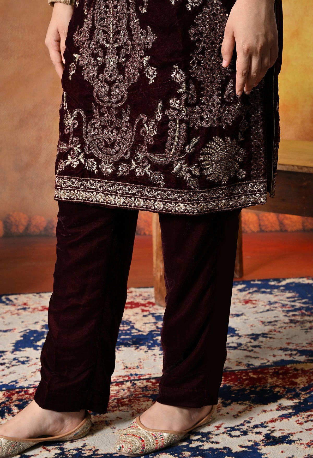 Rich Dark Maroon Kurta Set with Exquisite Zardozi Embroidery