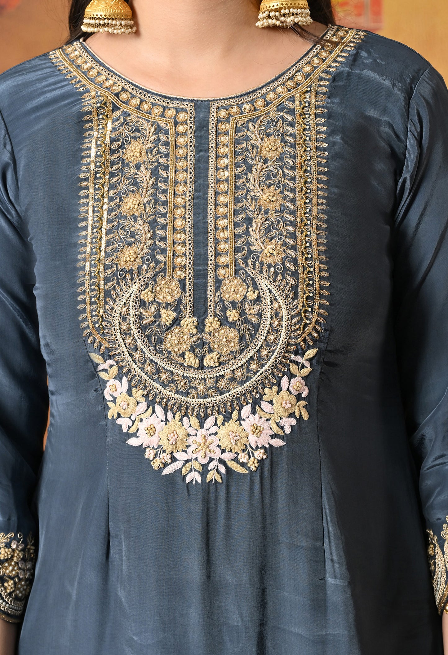 Chic Charcoal Grey Silk Kurta Set with Intricate Zardozi Details