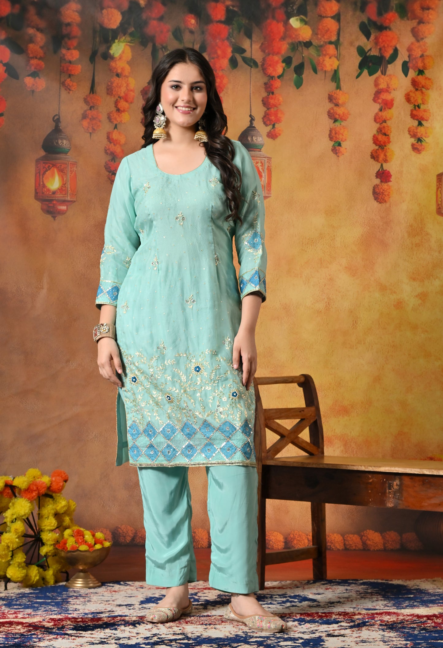 Charming Sky Blue Kurta Set with Delicate Zardozi Embroidery