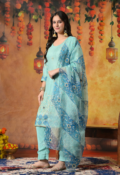 Charming Sky Blue Kurta Set with Delicate Zardozi Embroidery