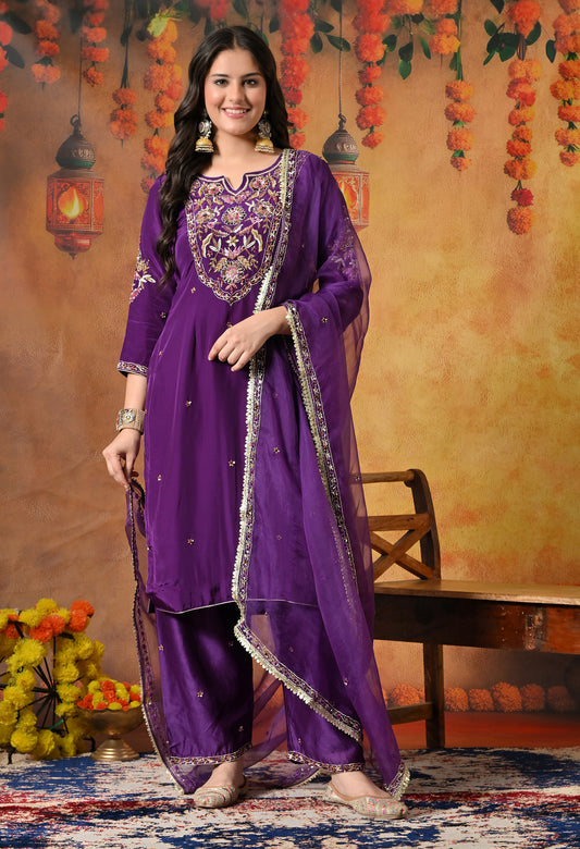 Mesmerising Royal Purple Kurta Set with Beautiful Zardozi, Thread, and Sequin Work