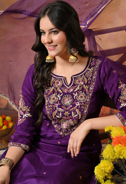Mesmerising Royal Purple Kurta Set with Beautiful Zardozi, Thread, and Sequin Work