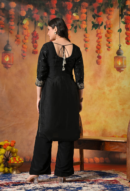 Majestic Black Organza Kurta Set with Zardozi and Tilla Embroidery