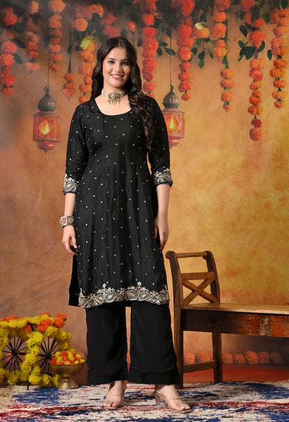 Majestic Black Organza Kurta Set with Zardozi and Tilla Embroidery
