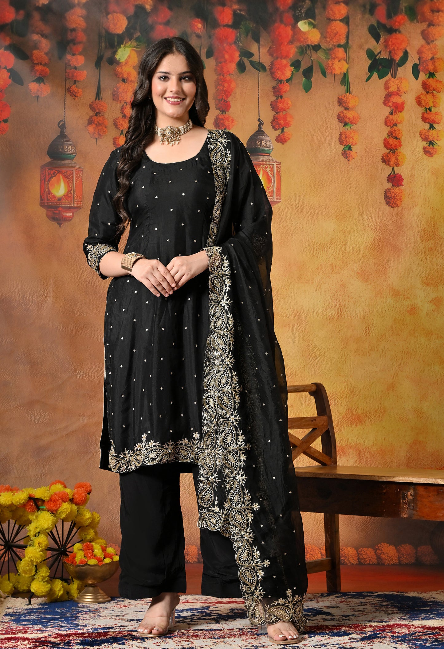 Majestic Black Organza Kurta Set with Zardozi and Tilla Embroidery
