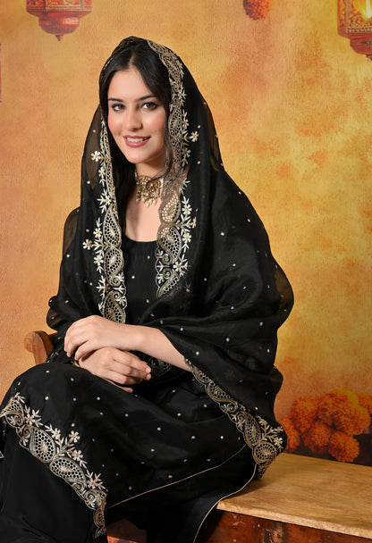 Majestic Black Organza Kurta Set with Zardozi and Tilla Embroidery