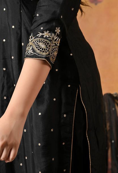 Majestic Black Organza Kurta Set with Zardozi and Tilla Embroidery