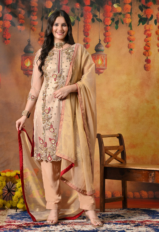 Mesmerising Golden-Maroon Kurta Set with beautiful Zardozi Work