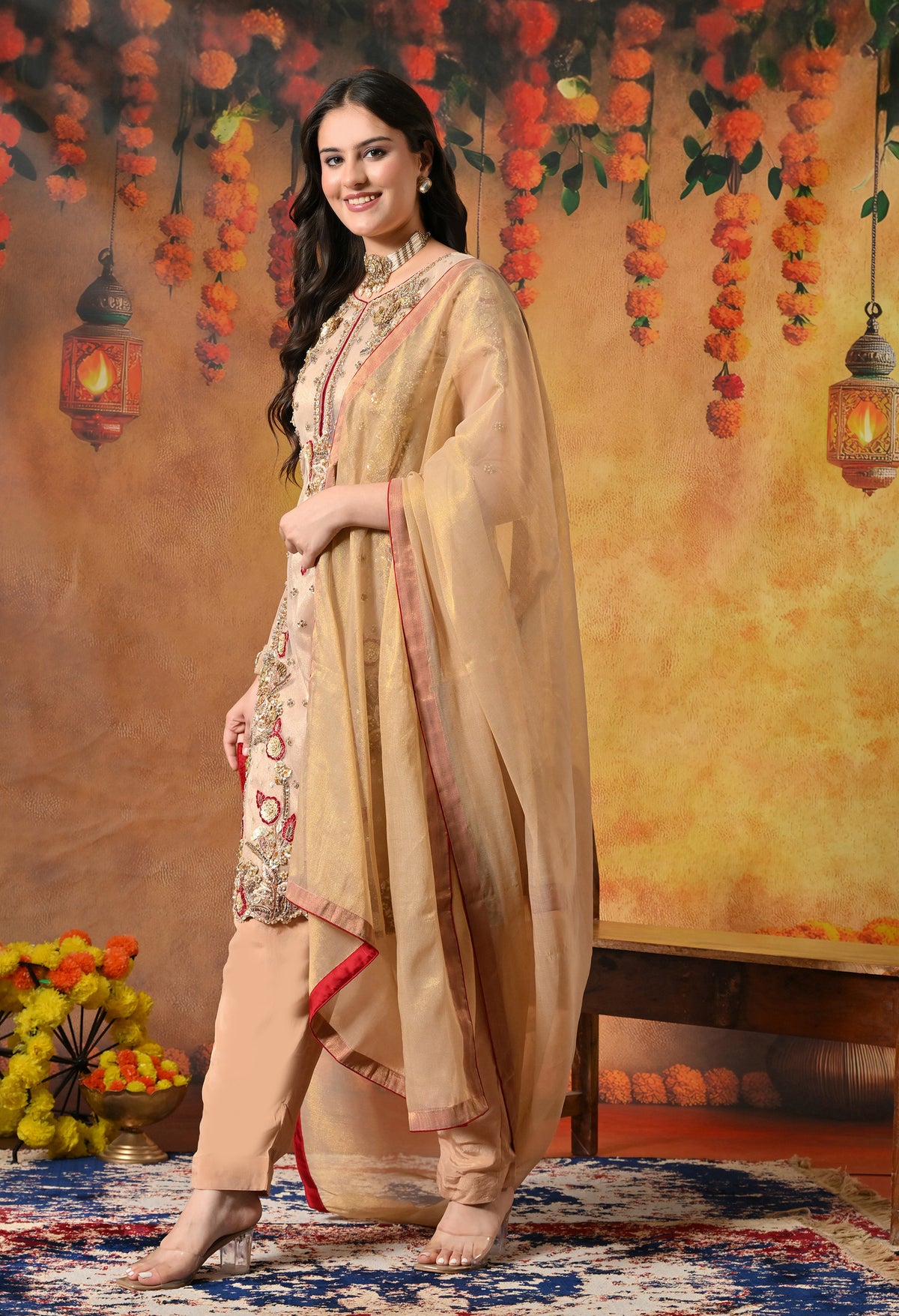 Mesmerising Golden-Maroon Kurta Set with beautiful Zardozi Work