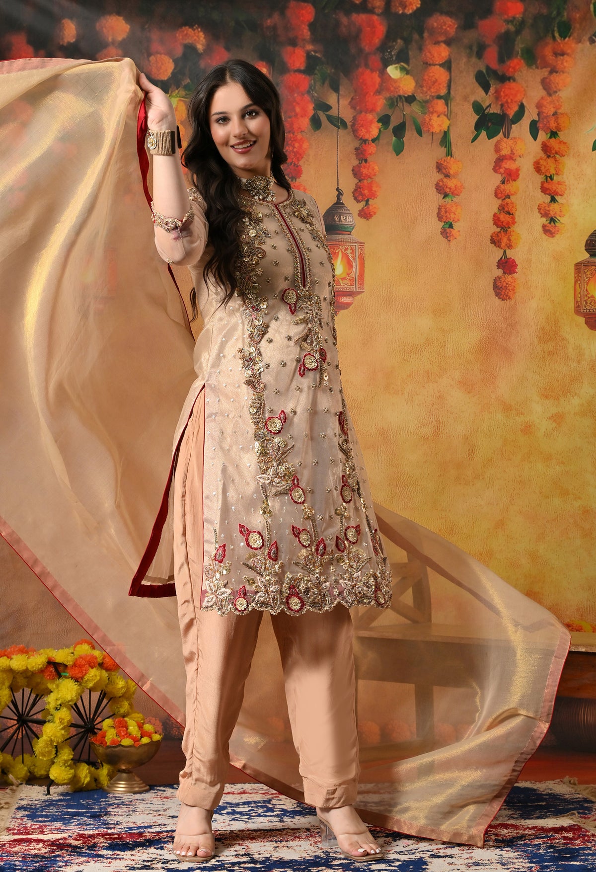 Mesmerising Golden-Maroon Kurta Set with beautiful Zardozi Work