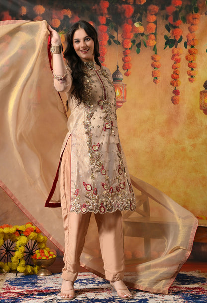 Mesmerising Golden-Maroon Kurta Set with beautiful Zardozi Work