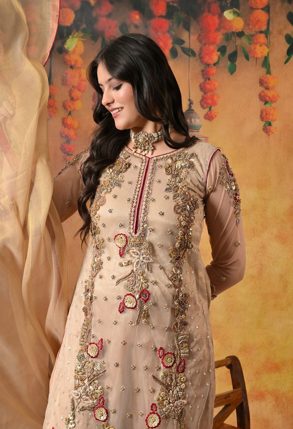 Mesmerising Golden-Maroon Kurta Set with beautiful Zardozi Work