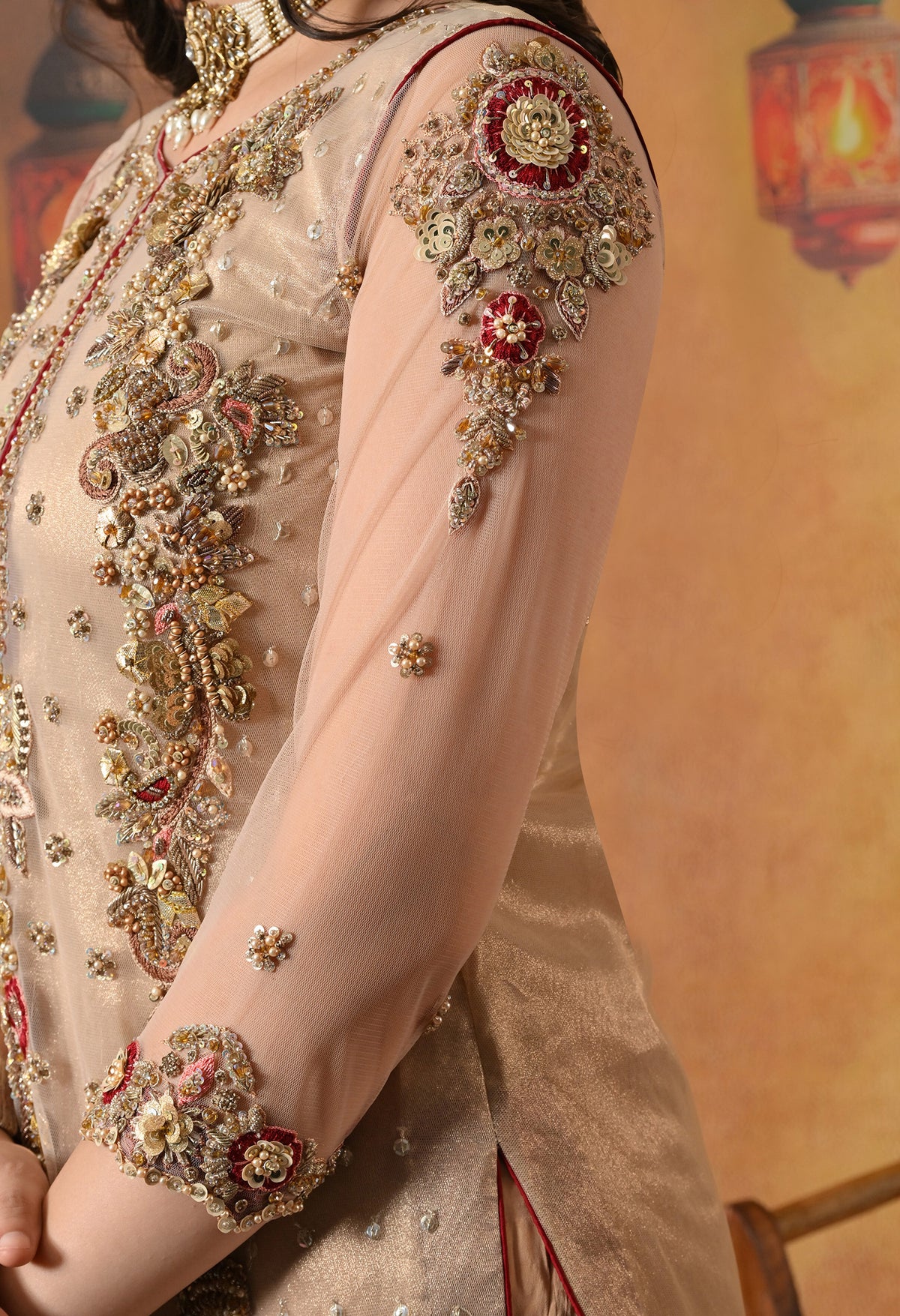 Mesmerising Golden-Maroon Kurta Set with beautiful Zardozi Work