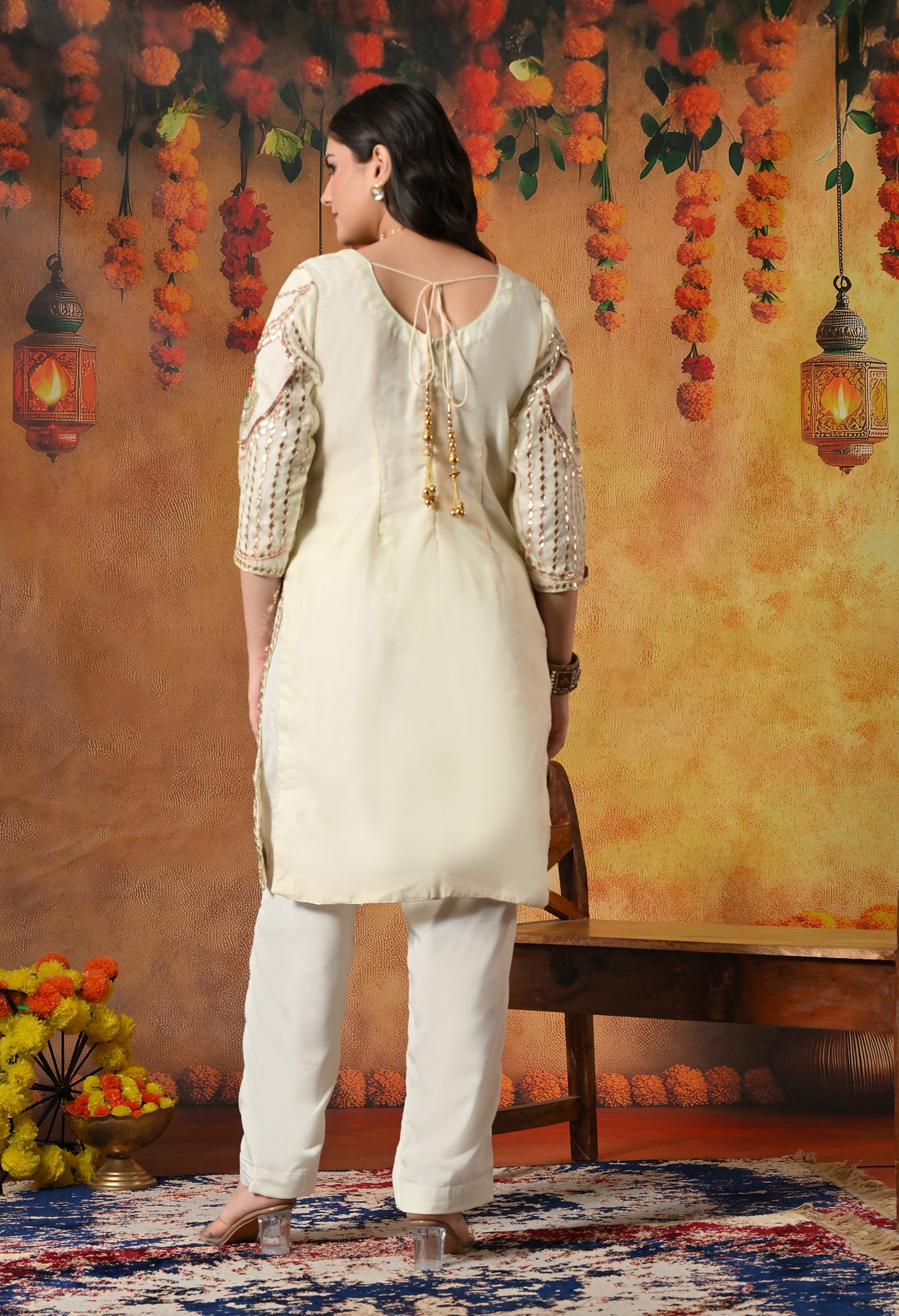 Golden Cream Kurta Set with Gotta, Thread, Zardozi, and Sequence Work