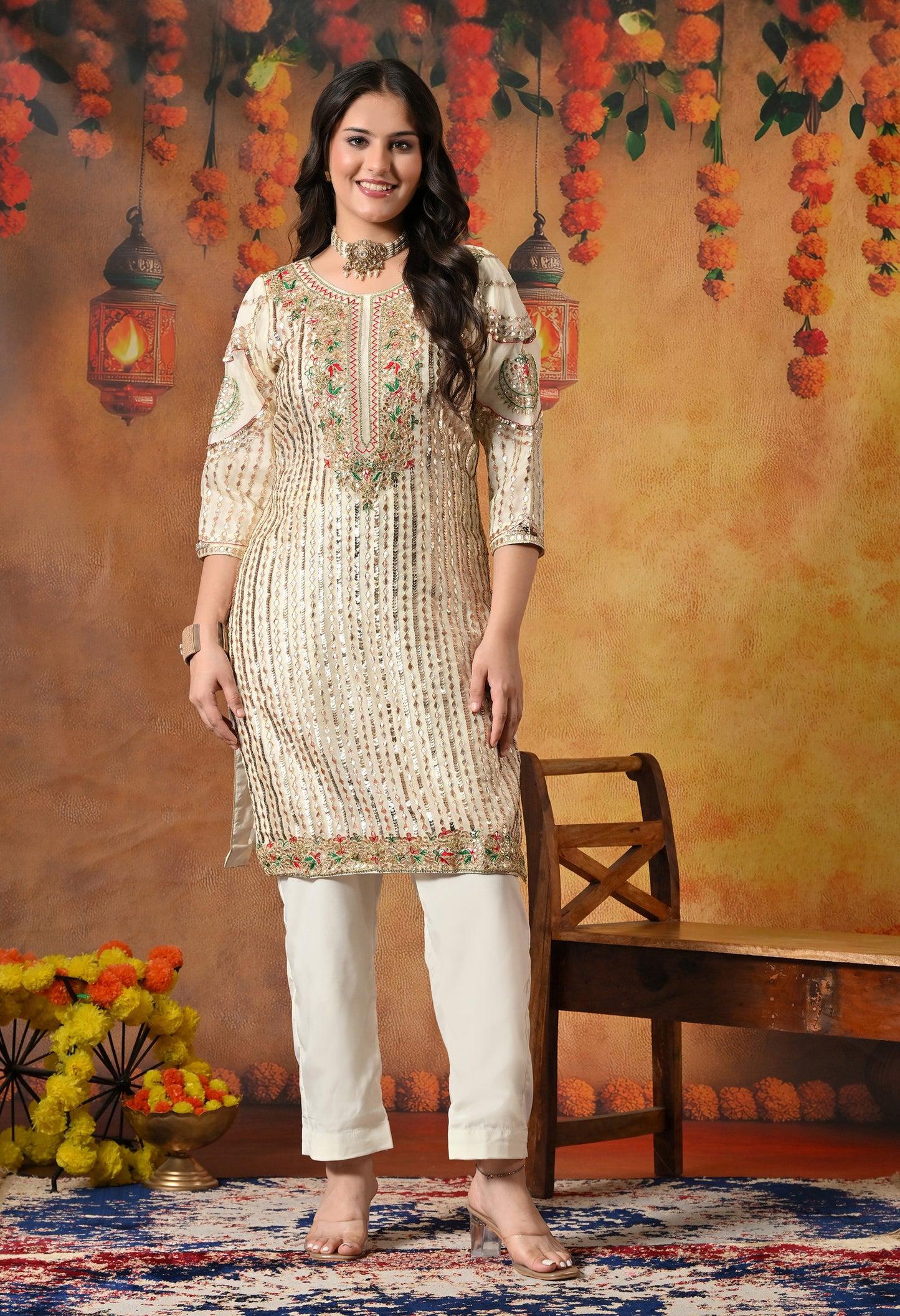 Golden Cream Kurta Set with Gotta, Thread, Zardozi, and Sequence Work