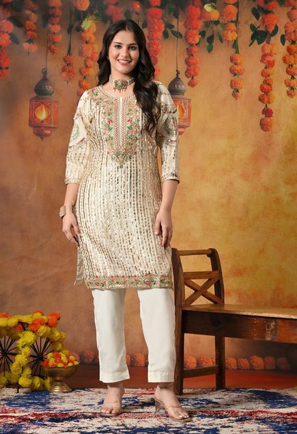 Golden Cream Kurta Set with Gotta, Thread, Zardozi, and Sequence Work