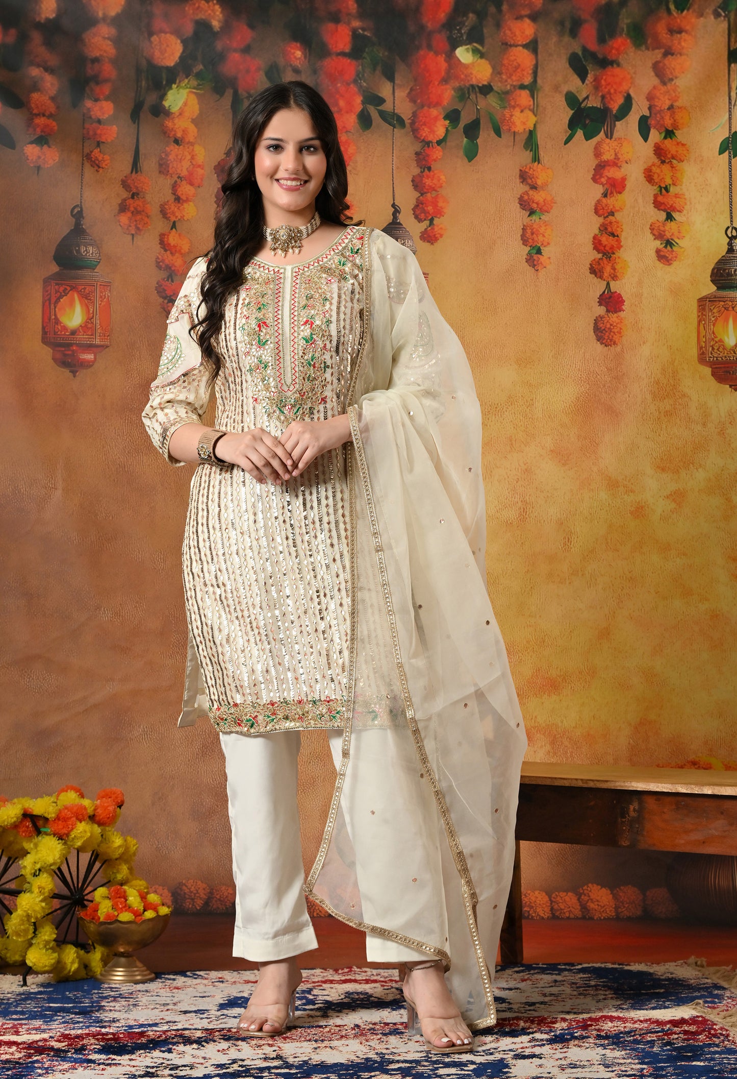 Golden Cream Kurta Set with Gotta, Thread, Zardozi, and Sequence Work